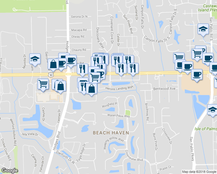 map of restaurants, bars, coffee shops, grocery stores, and more near Discovery Way in Jacksonville