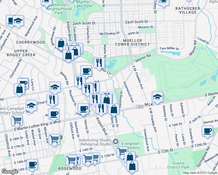 map of restaurants, bars, coffee shops, grocery stores, and more near 2213 Tillery Street in Austin