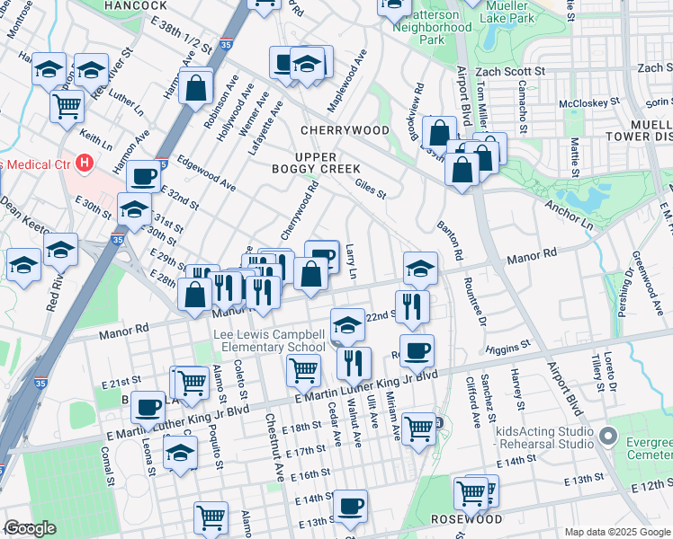 map of restaurants, bars, coffee shops, grocery stores, and more near 3202 Walnut Avenue in Austin