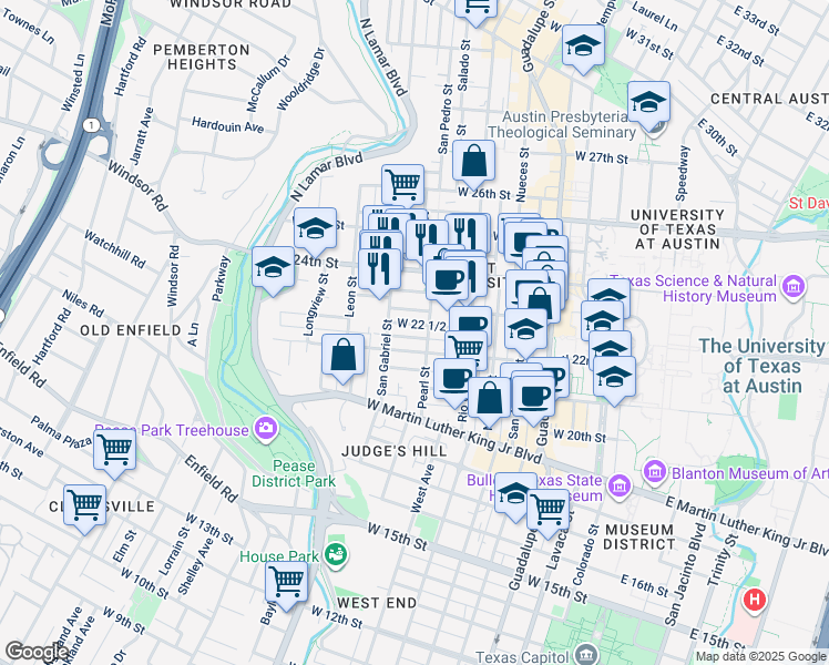 map of restaurants, bars, coffee shops, grocery stores, and more near 910 West 22 1/2 Street in Austin
