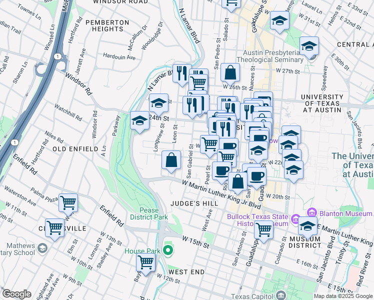 map of restaurants, bars, coffee shops, grocery stores, and more near 25 Leon Street in Austin
