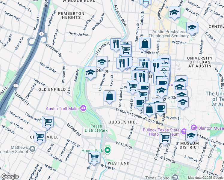 map of restaurants, bars, coffee shops, grocery stores, and more near 25 Leon Street in Austin