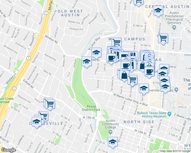 map of restaurants, bars, coffee shops, grocery stores, and more near 1111 West 22 1/2 Street in Austin