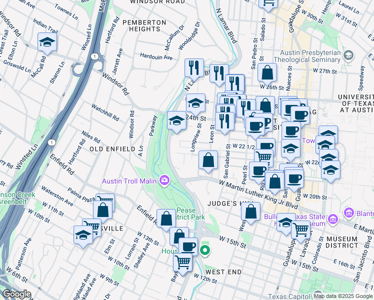 map of restaurants, bars, coffee shops, grocery stores, and more near 1211 West 22 1/2 Street in Austin
