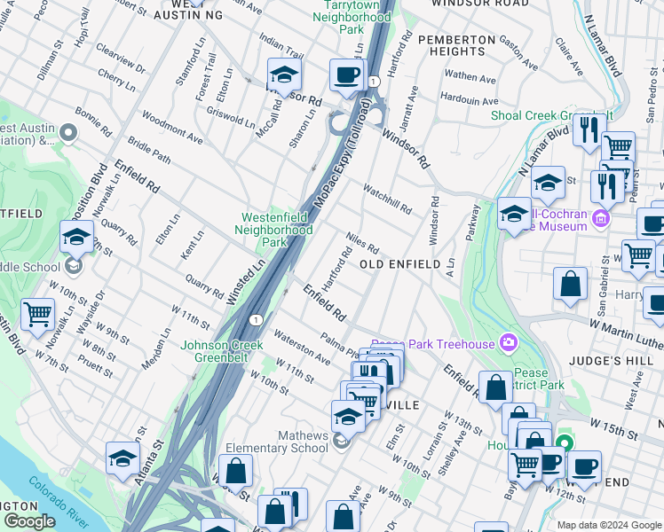 map of restaurants, bars, coffee shops, grocery stores, and more near 1700 Hartford Road in Austin