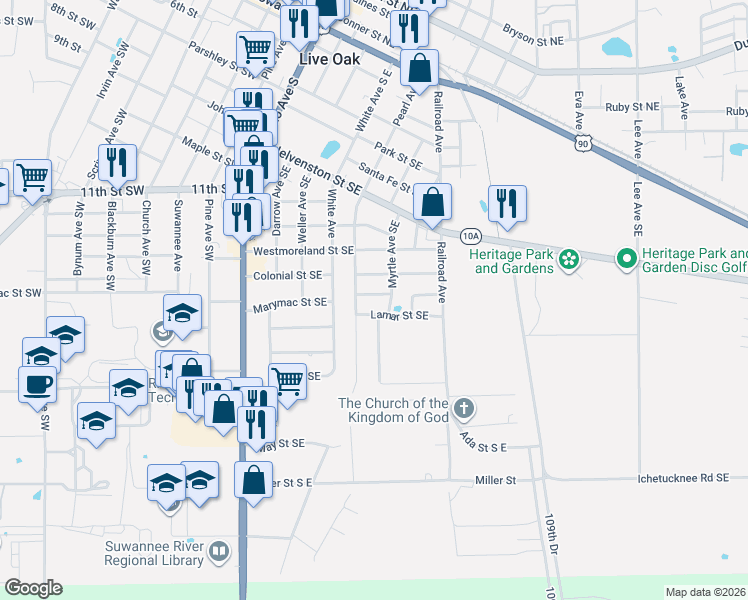 map of restaurants, bars, coffee shops, grocery stores, and more near 537 Marymac St SE in Live Oak