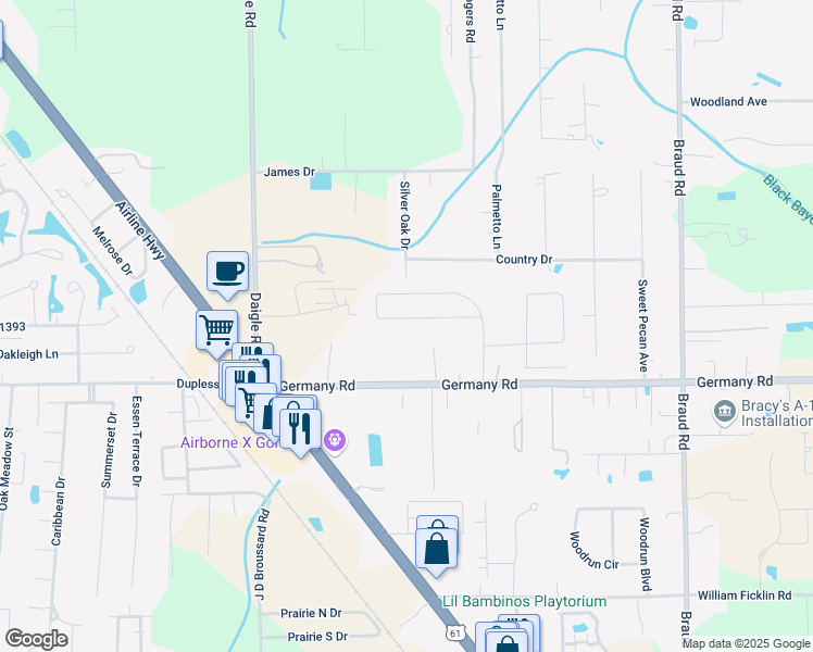 map of restaurants, bars, coffee shops, grocery stores, and more near 15190 Germany Oaks Boulevard in Prairieville