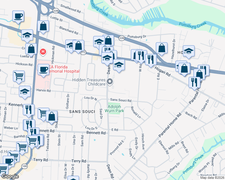 map of restaurants, bars, coffee shops, grocery stores, and more near 6721 Renee Terrace in Jacksonville