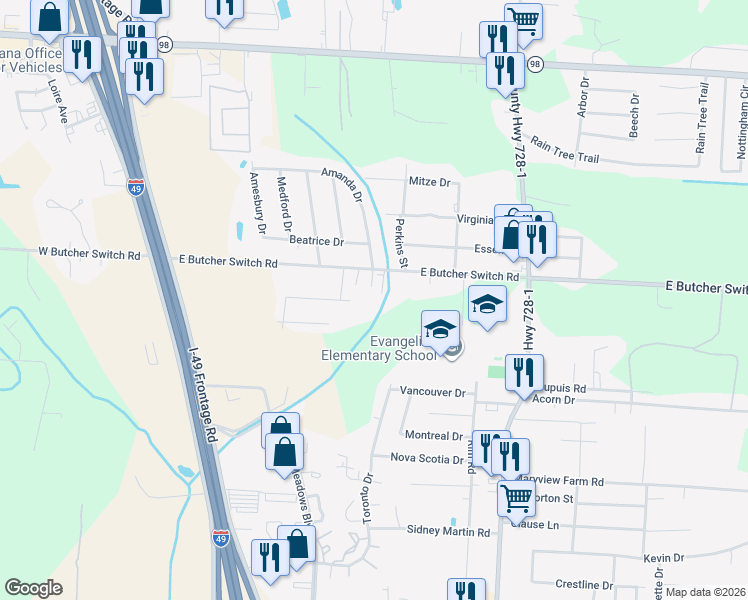 map of restaurants, bars, coffee shops, grocery stores, and more near 408 East Butcher Switch Road in Lafayette