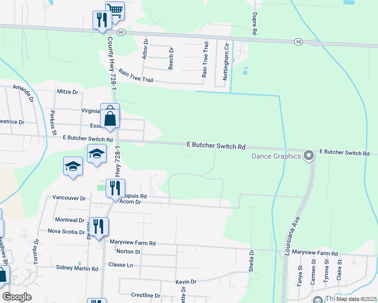 map of restaurants, bars, coffee shops, grocery stores, and more near 900 East Butcher Switch Road in Lafayette