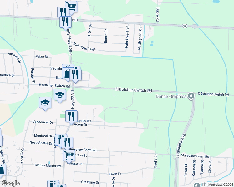 map of restaurants, bars, coffee shops, grocery stores, and more near 900 East Butcher Switch Road in Lafayette