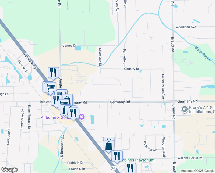 map of restaurants, bars, coffee shops, grocery stores, and more near 15048 1516 in Prairieville
