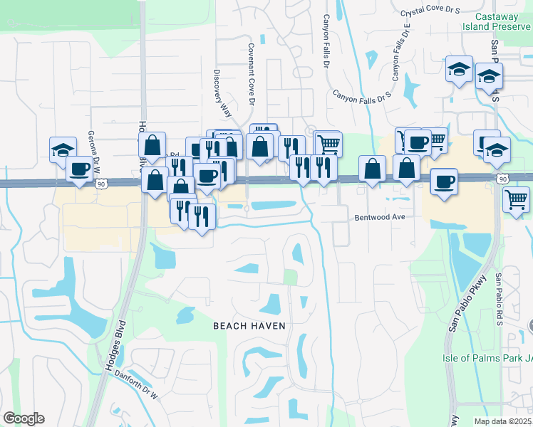 map of restaurants, bars, coffee shops, grocery stores, and more near 13819 Herons Landing Way in Jacksonville