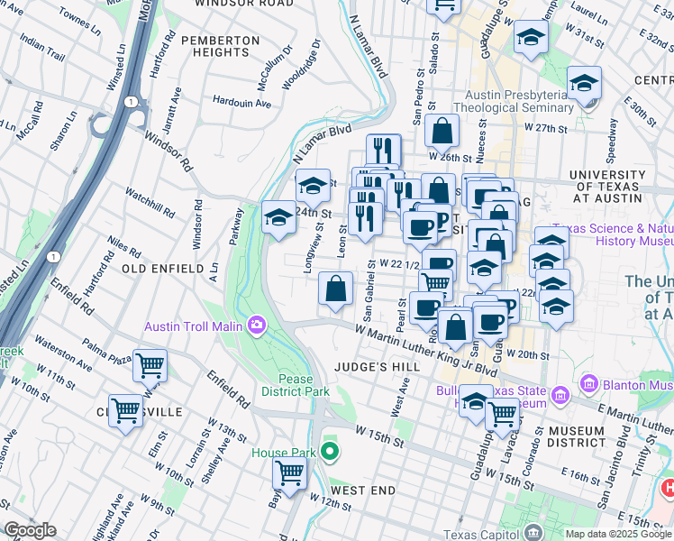 map of restaurants, bars, coffee shops, grocery stores, and more near 2202 Leon Street in Austin