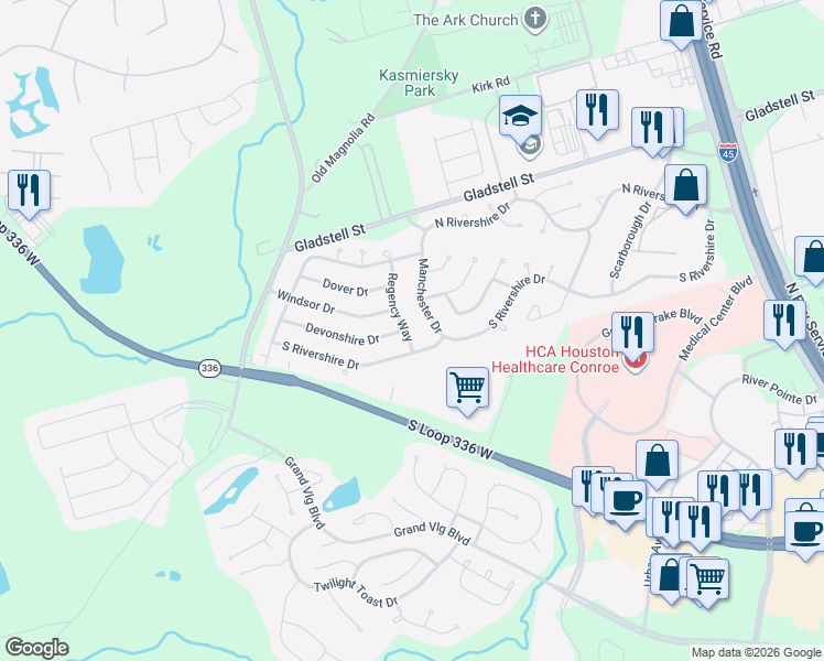 map of restaurants, bars, coffee shops, grocery stores, and more near 112 Regency Way in Conroe