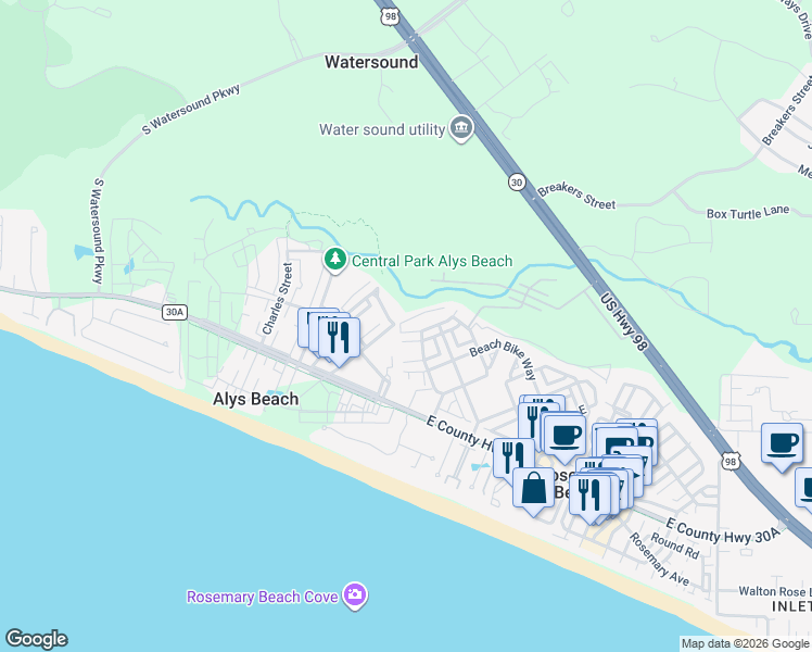 map of restaurants, bars, coffee shops, grocery stores, and more near 84 Endless Summer Way West in Rosemary Beach