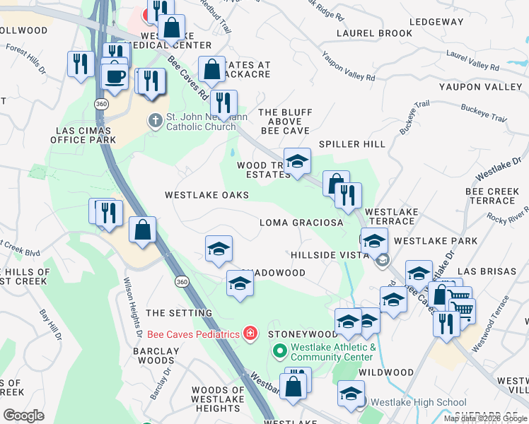 map of restaurants, bars, coffee shops, grocery stores, and more near 56 Sundown Parkway in Austin