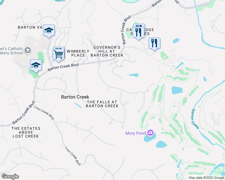 map of restaurants, bars, coffee shops, grocery stores, and more near 2601 Chalk Knoll Cove in Austin