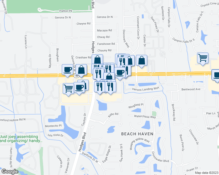 map of restaurants, bars, coffee shops, grocery stores, and more near 13740 Beach Boulevard in Jacksonville