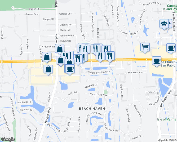 map of restaurants, bars, coffee shops, grocery stores, and more near 13793 Herons Landing Way in Jacksonville