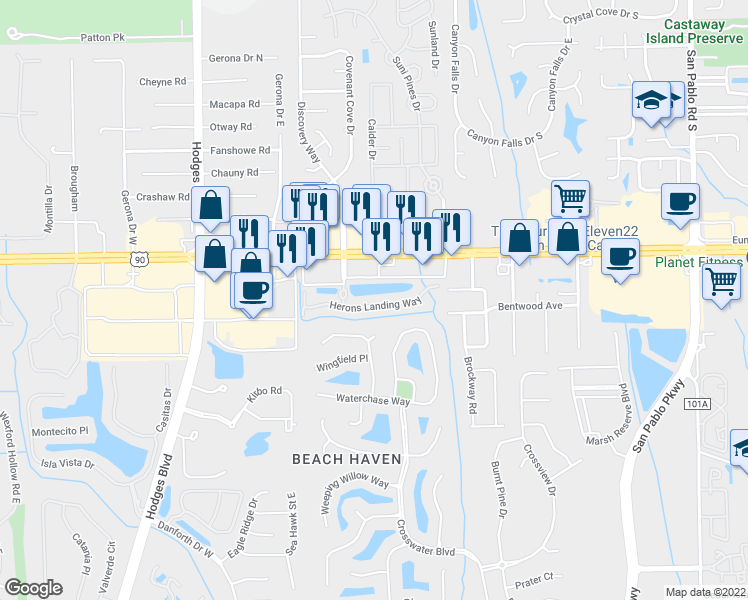map of restaurants, bars, coffee shops, grocery stores, and more near 13819 Herons Landing Way in Jacksonville