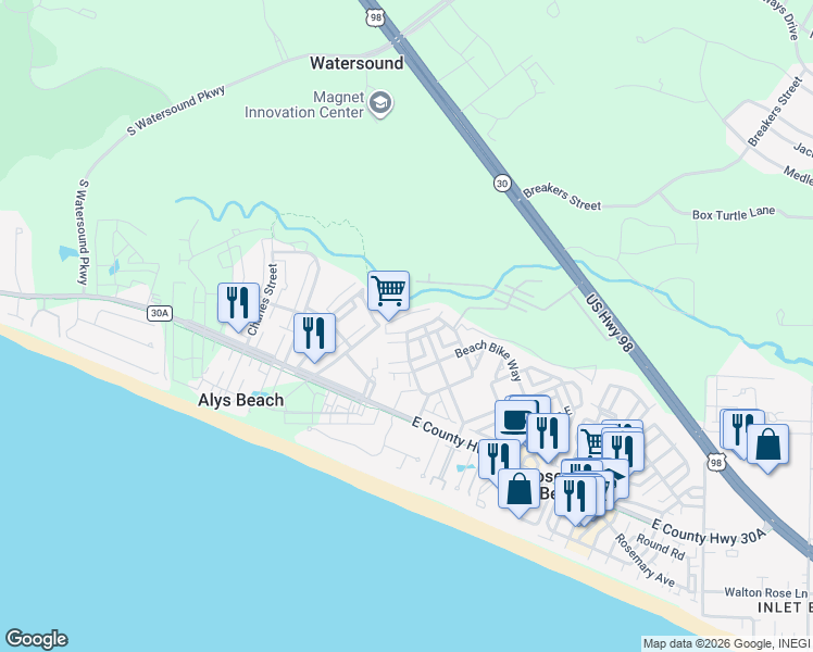 map of restaurants, bars, coffee shops, grocery stores, and more near 7 Endless Summer Way West in Panama City Beach
