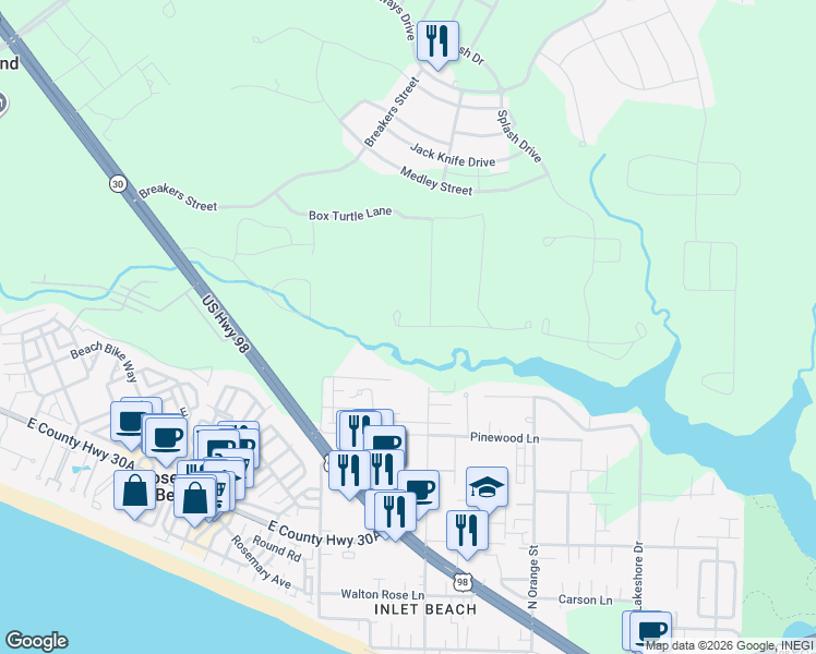 map of restaurants, bars, coffee shops, grocery stores, and more near 48 West Rattlesnake Trail in Panama City Beach