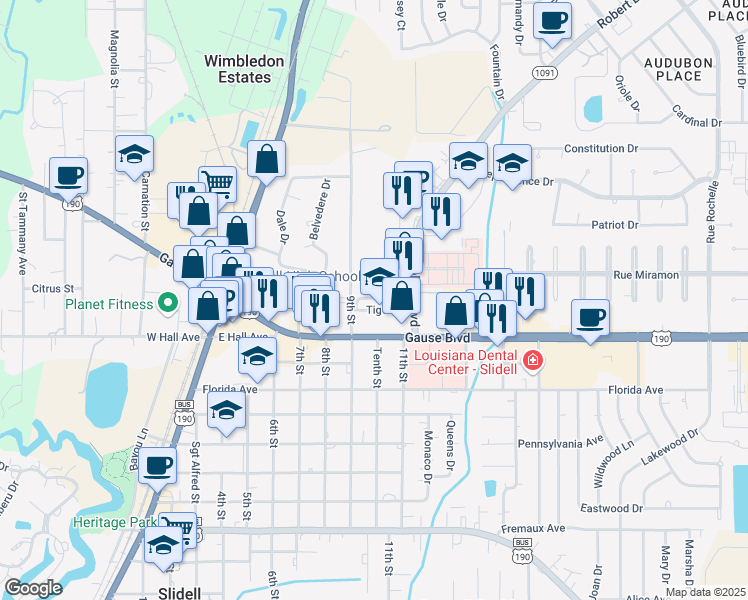 map of restaurants, bars, coffee shops, grocery stores, and more near 1 Tiger Drive in Slidell