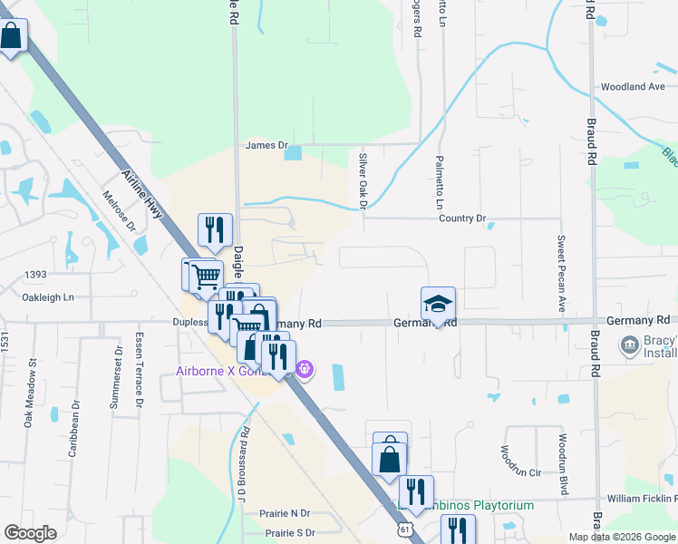 map of restaurants, bars, coffee shops, grocery stores, and more near 15111 Laurel Oak Avenue in Prairieville
