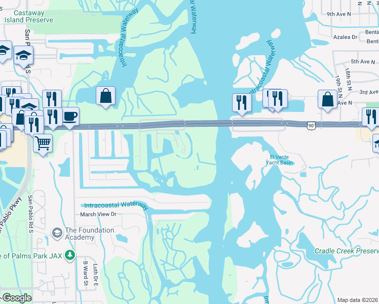 map of restaurants, bars, coffee shops, grocery stores, and more near 3351 Lighthouse Point Lane in Jacksonville