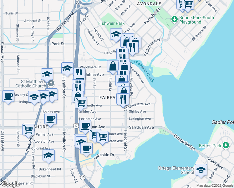 map of restaurants, bars, coffee shops, grocery stores, and more near 4212 Beverly Avenue in Jacksonville