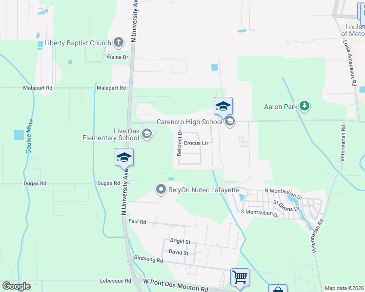 map of restaurants, bars, coffee shops, grocery stores, and more near 206 Belcrest Drive in Lafayette