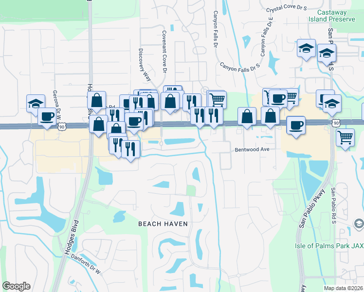 map of restaurants, bars, coffee shops, grocery stores, and more near 13827 Herons Landing Way in Jacksonville