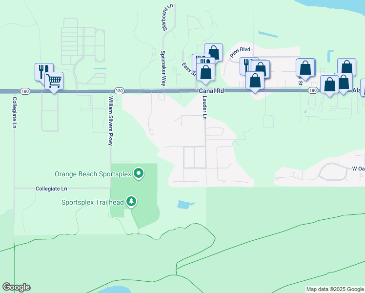 map of restaurants, bars, coffee shops, grocery stores, and more near 24395 Sailfish Lane in Orange Beach