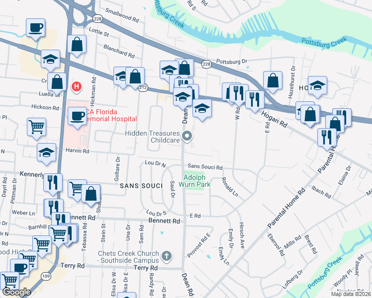 map of restaurants, bars, coffee shops, grocery stores, and more near 6721 Renee Terrace in Jacksonville