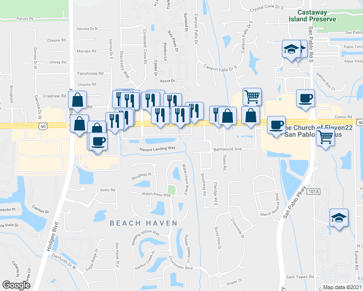 map of restaurants, bars, coffee shops, grocery stores, and more near 13856 Herons Landing Way in Jacksonville