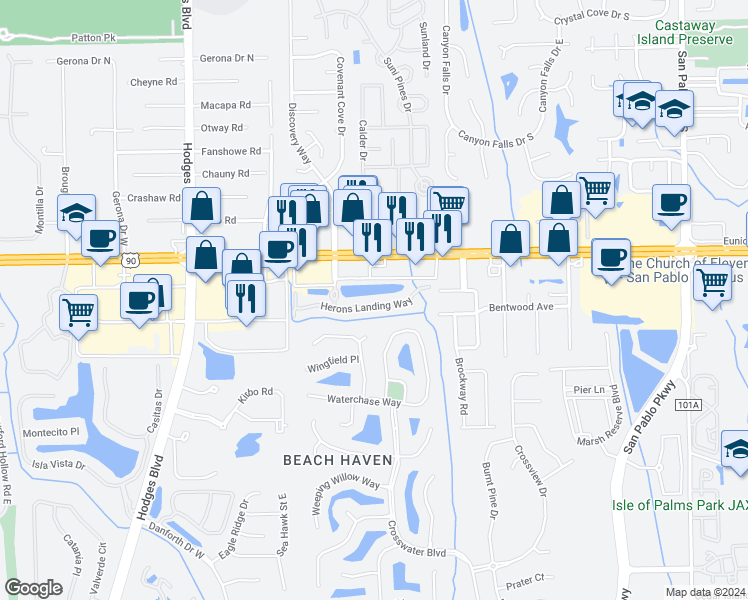 map of restaurants, bars, coffee shops, grocery stores, and more near 13827 Herons Landing Way in Jacksonville