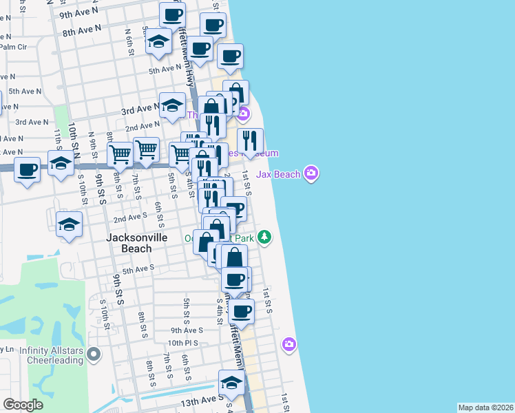 map of restaurants, bars, coffee shops, grocery stores, and more near 205 1st Street South in Jacksonville Beach