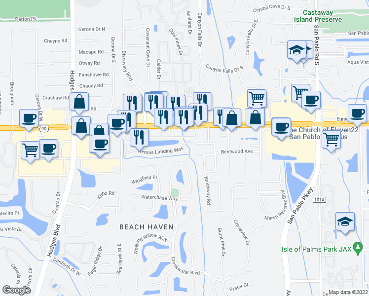 map of restaurants, bars, coffee shops, grocery stores, and more near 13843 Herons Landing Way in Jacksonville