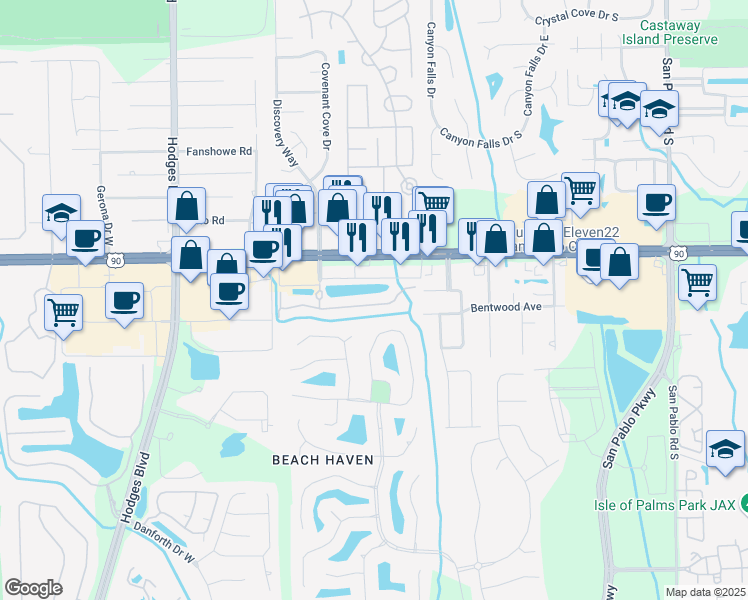 map of restaurants, bars, coffee shops, grocery stores, and more near 13843 Herons Landing Way in Jacksonville