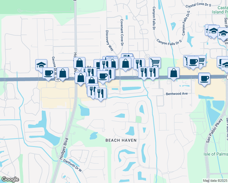 map of restaurants, bars, coffee shops, grocery stores, and more near Discovery Way in Jacksonville