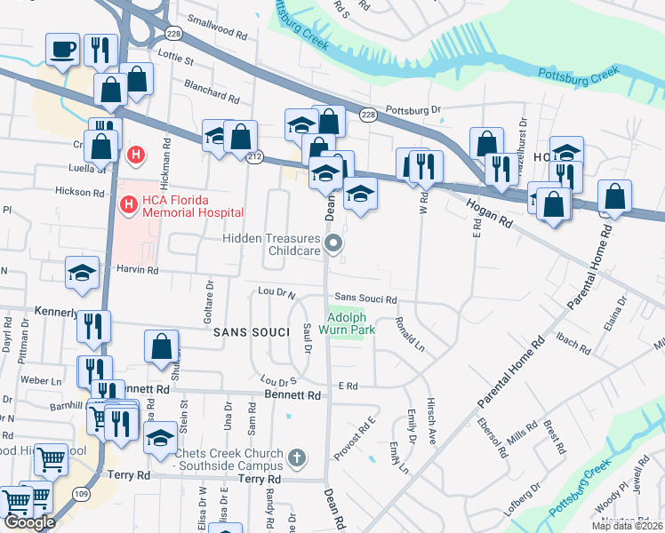 map of restaurants, bars, coffee shops, grocery stores, and more near 6721 Renee Terrace in Jacksonville