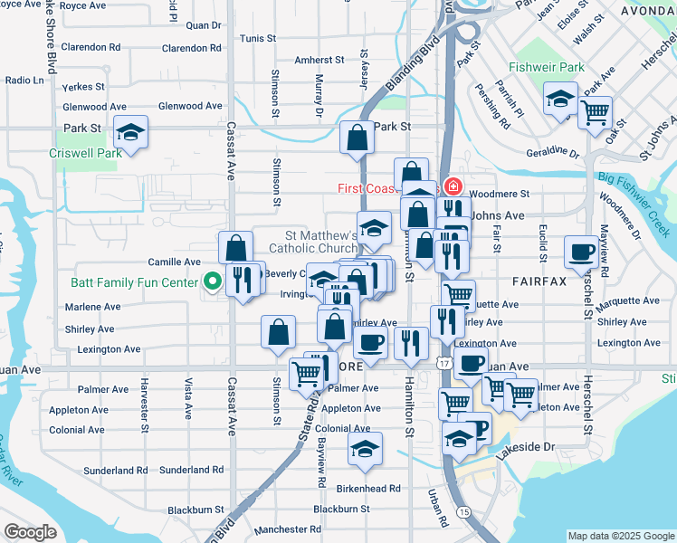 map of restaurants, bars, coffee shops, grocery stores, and more near 4648 Cardinal Boulevard in Jacksonville