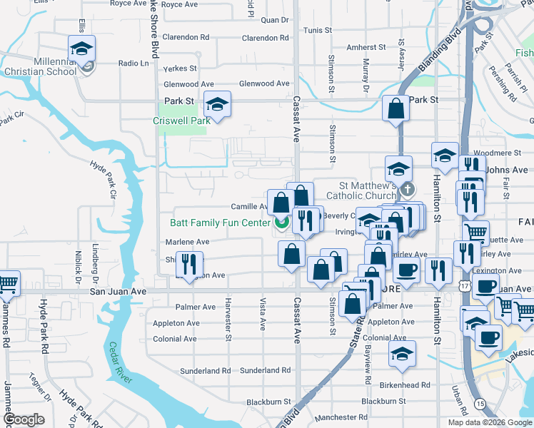 map of restaurants, bars, coffee shops, grocery stores, and more near 5058 Camille Avenue in Jacksonville