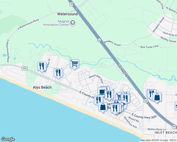 map of restaurants, bars, coffee shops, grocery stores, and more near 192 East Blue Crab Loop in Rosemary Beach