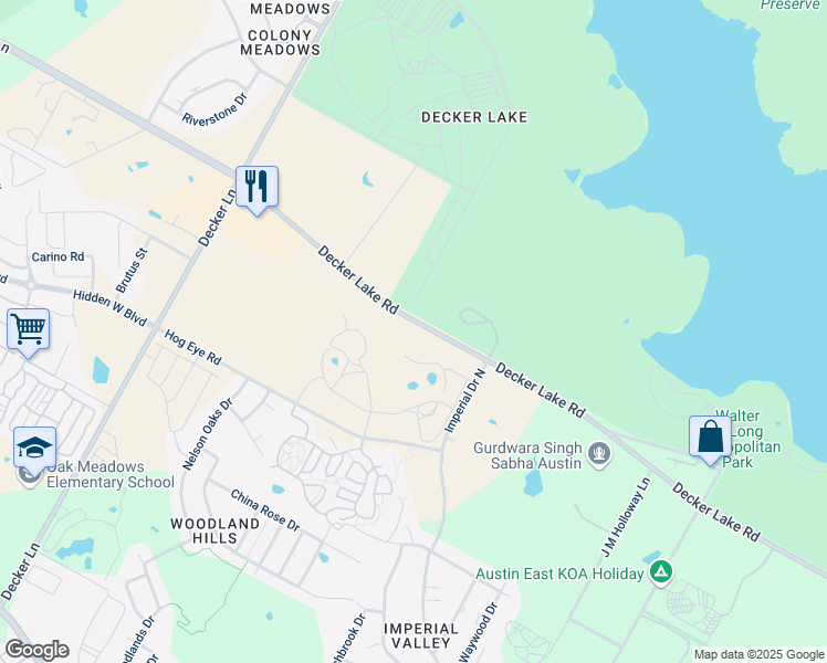 map of restaurants, bars, coffee shops, grocery stores, and more near 9608 Decker Lake Road in Austin