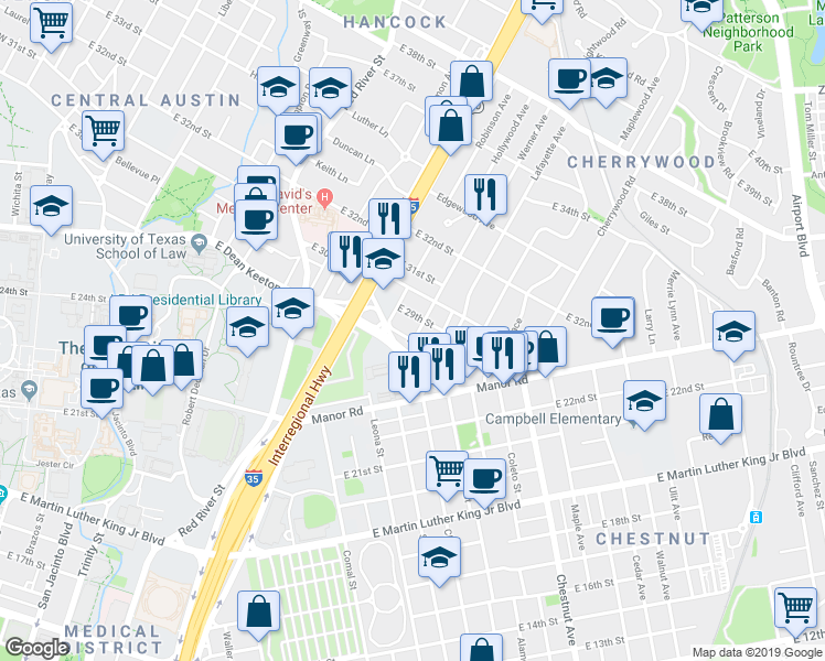 map of restaurants, bars, coffee shops, grocery stores, and more near 1300 East 29th Street in Austin