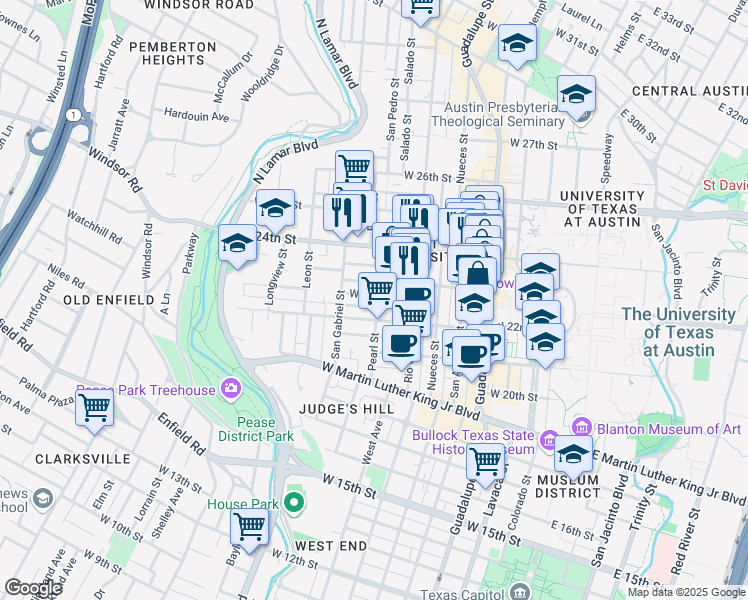 map of restaurants, bars, coffee shops, grocery stores, and more near 2 West 22 1/2 Street in Austin