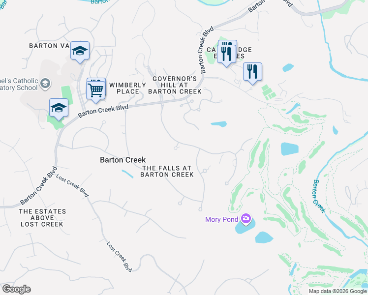map of restaurants, bars, coffee shops, grocery stores, and more near 2601 Chalk Knoll Cove in Austin