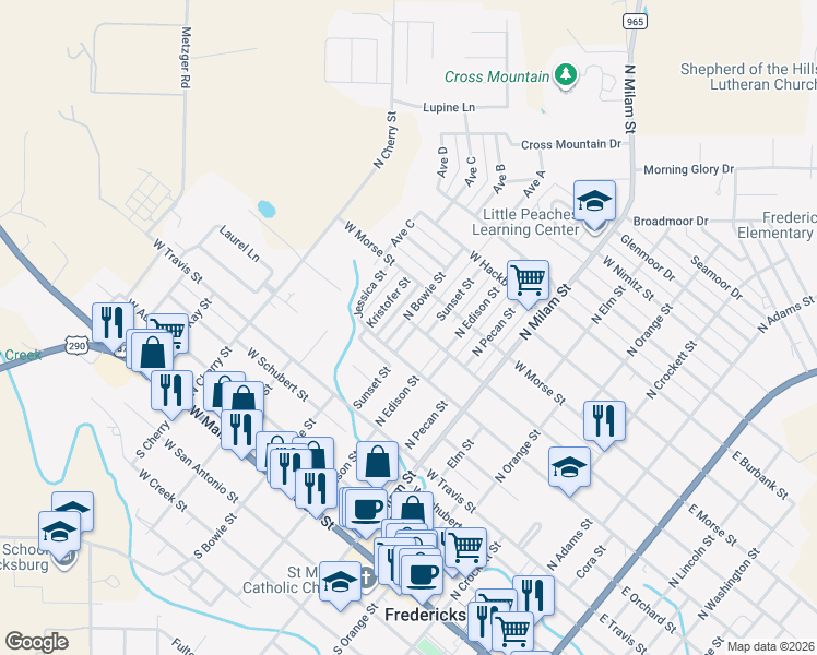 map of restaurants, bars, coffee shops, grocery stores, and more near 610 North Bowie Street in Fredericksburg